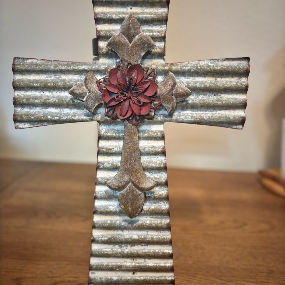 Metallic Cross with Red Floral Accent